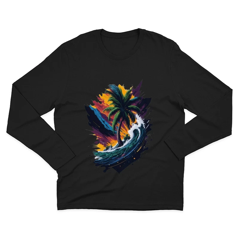 Tropical Sunset with Palm Tree and Ocean Waves Male Long Sleeve T-Shirt