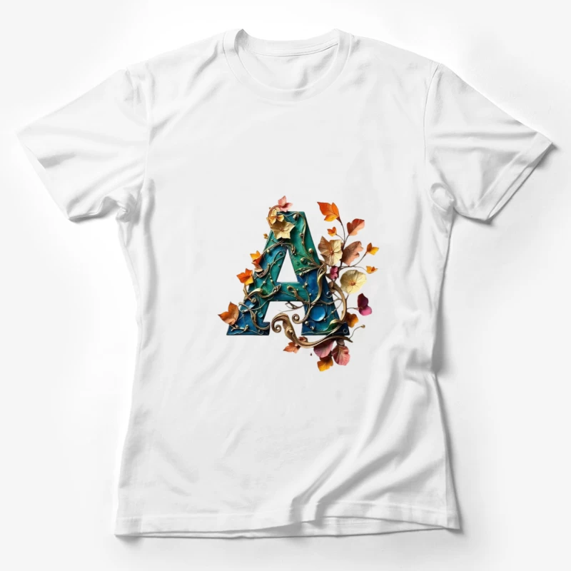 Ornate Teal Letter A with Autumn Floral Embellishments Female T-Shirt