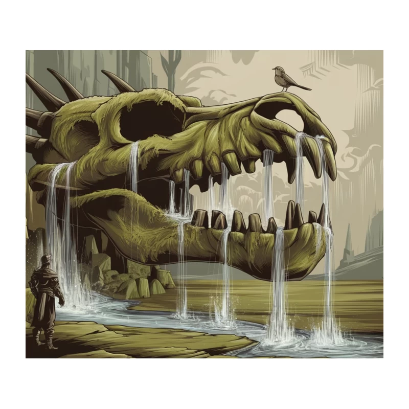 Surreal Dinosaur Skull Waterfall in Fantasy Ruins Tapestry