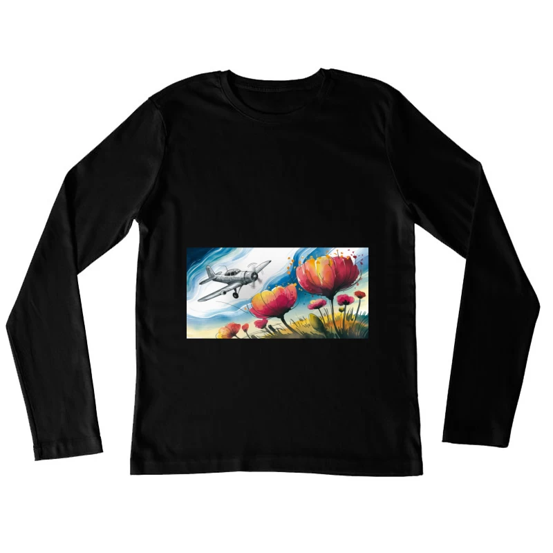 Surreal Illustration: Airplane Soaring Over Vibrant Poppies Female Long Sleeve T-Shirt