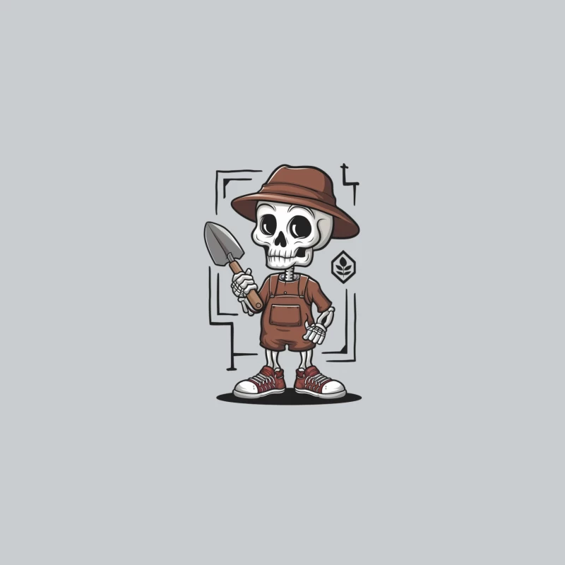 Cute Cartoon Skeleton Gardener with Shovel and Overalls Baseball Cap