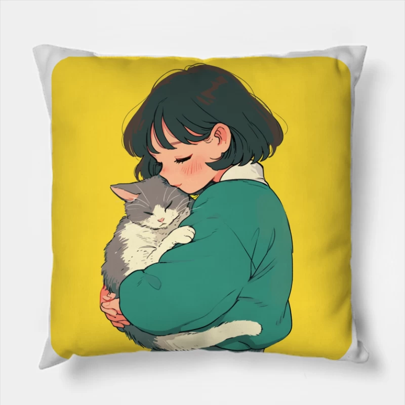 Gentle Embrace: Girl in Green Cuddling Gray Cat Throw Pillow