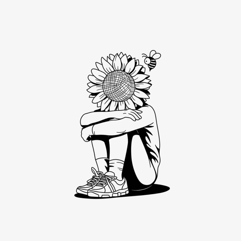 Surreal Sunflower Head: Human Figure in Contemplative Pose Female Long Sleeve T-Shirt