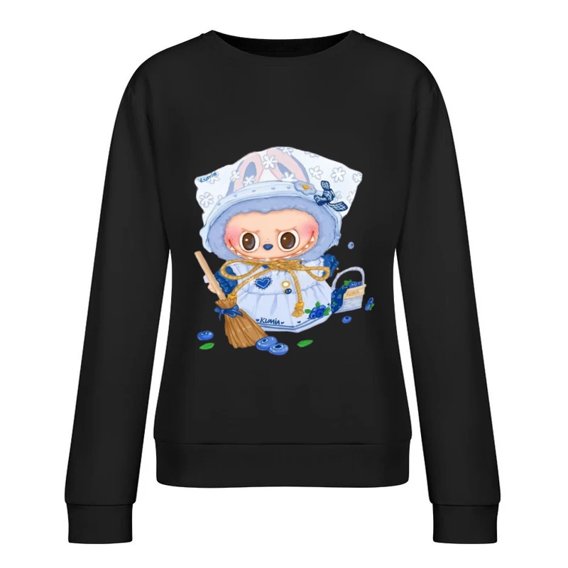 Niedliches Kaninchen mit Besen in Blau und Weiß Damen Pullover Sweatshirt
