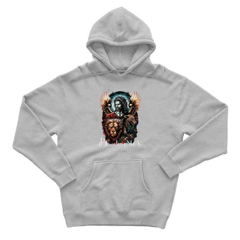 Mystical Religious Gothic Art with Lion and Angel Wings Male Pullover Hoodie