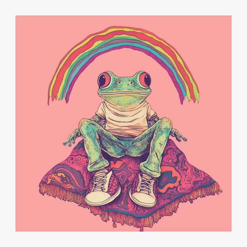 Whimsical Anthropomorphic Frog Under Psychedelic Rainbow Pin