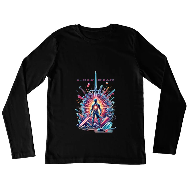 Mystical Warrior Silhouette with Magical Sword Burst Female Long Sleeve T-Shirt