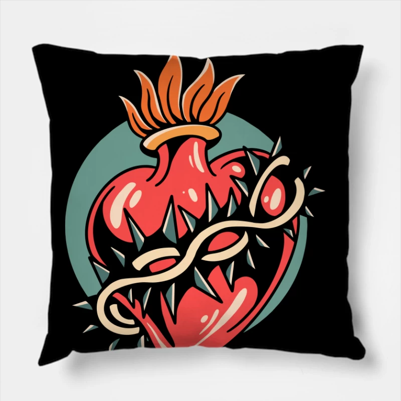 Illustration of a Heart with Thorns and Flame Throw Pillow