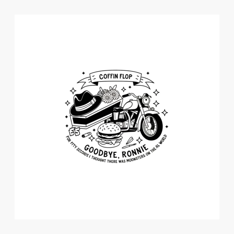 Vintage Coffin Flop: A Monochrome Farewell with Motorcycle and Burger Pin