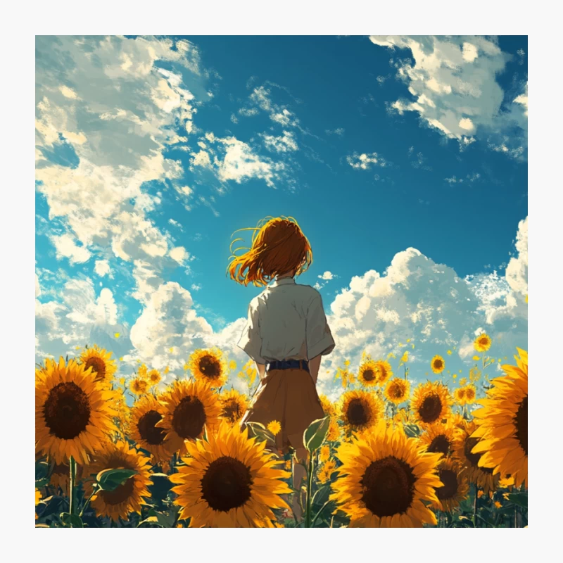 A Girl Among Sunflowers Under a Summer Sky Pin