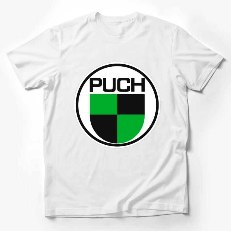 Vintage Puch Motorcycle Company Logo with Green and Black Shield Design Male T-Shirt