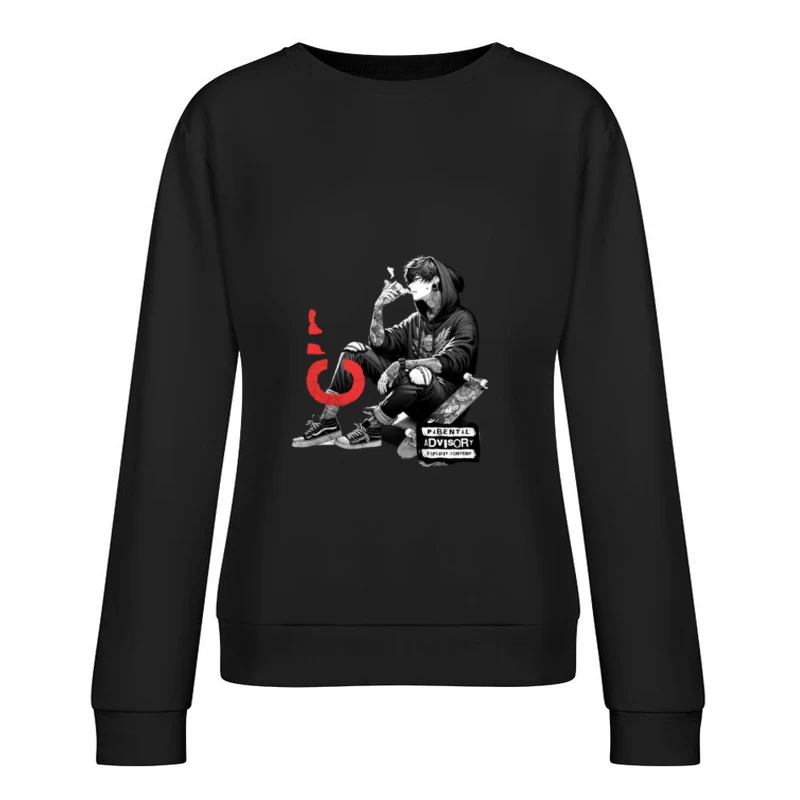 Urban Street Culture: Monochrome Skater Art with Parental Advisory Female Pullover Sweatshirt