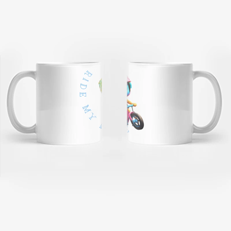 Cute Blue Animated Character Riding Colorful Bike with Safety Helmet Coffee Mug