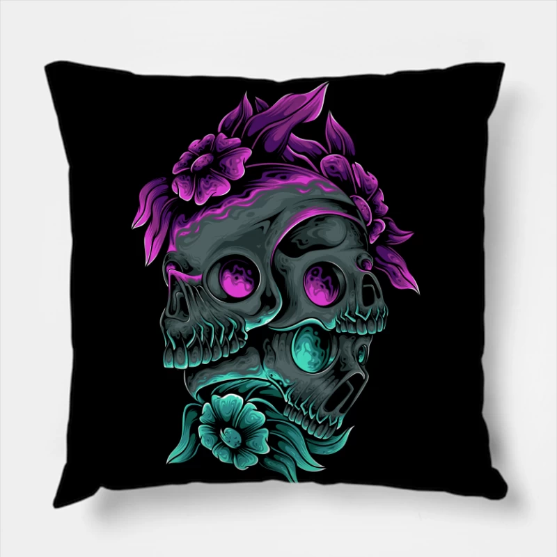 Colorful Skull Art with Floral Elements Throw Pillow