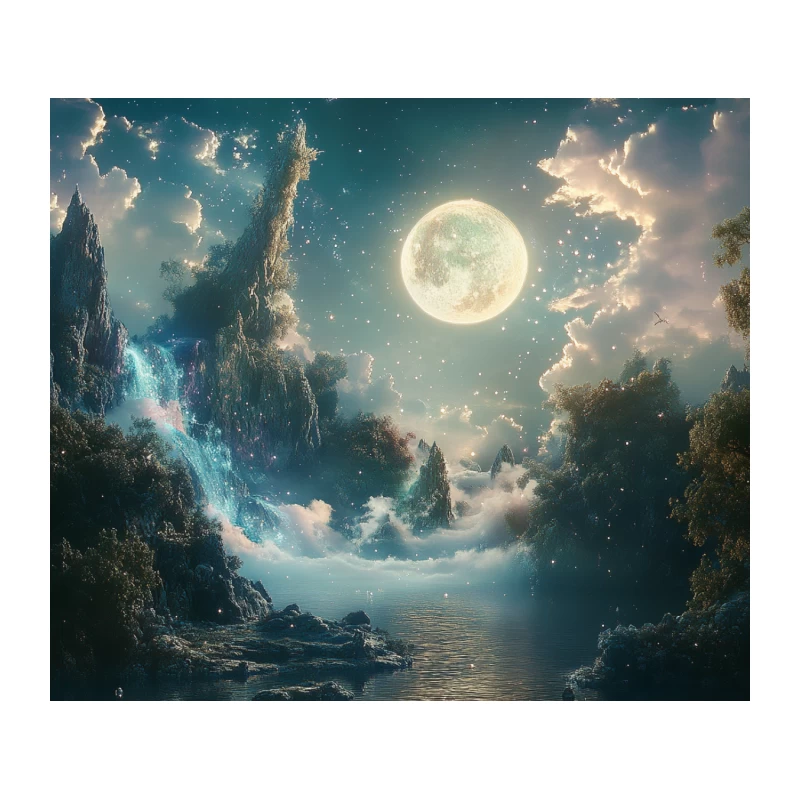 Enchanted Moonlit Waterfall in a Mystical Realm Tapestry