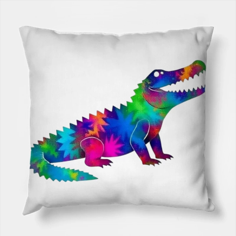 Rainbow Tie-Dye Dinosaur Digital Art Throw Pillow