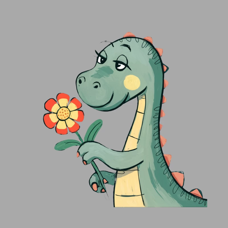 Cute Green Cartoon Dinosaur Holding a Flower Male Pullover Hoodie