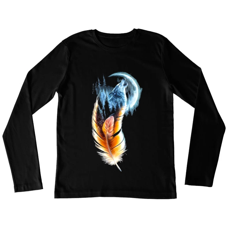 Fantasy Wolf Howling at the Crescent Moon Female Long Sleeve T-Shirt