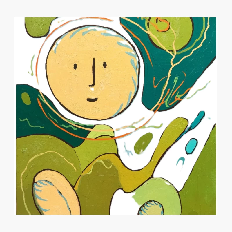 Whimsical Abstract Face in Green and Yellow Throw Pillow