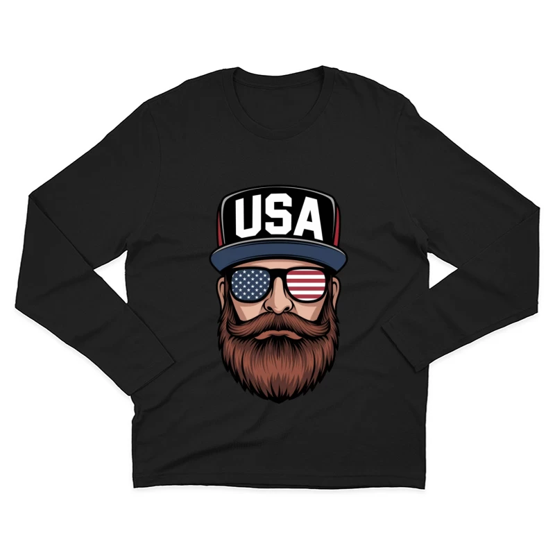 Patriotic USA Bearded Character with American Flag Sunglasses Illustration Male Long Sleeve T-Shirt