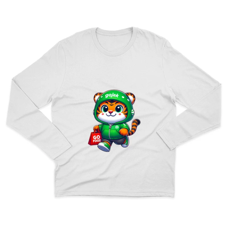 Niedliches Tiger-Maskottchen von Gojek mit GoFood-Tasche Herren Langarm T-Shirt