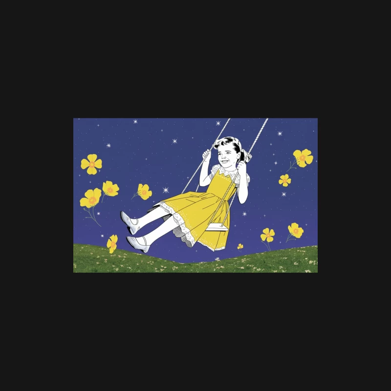 Whimsical Retro Illustration: Girl on Swing Under Starry Sky Female Long Sleeve T-Shirt