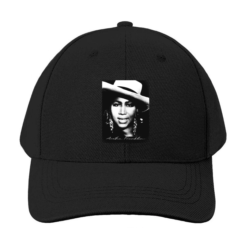 Classic Black and White Portrait with White Hat and Statement Jewelry Baseball Cap