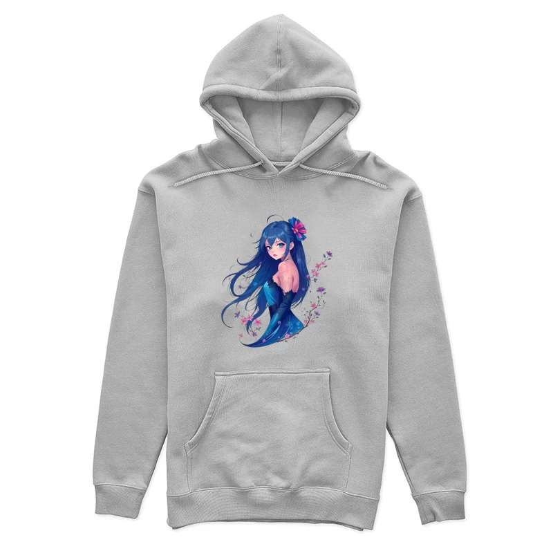 Elegant Anime Girl with Blue Hair and Floral Accents in Evening Dress Female Pullover Hoodie