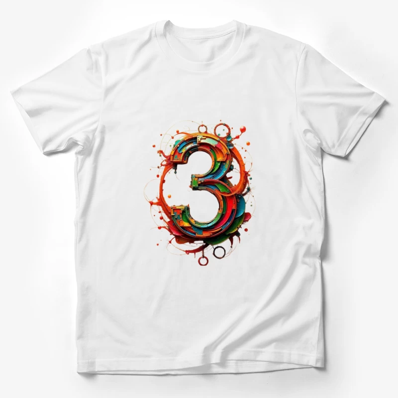 Vibrant 3D Number Three with Abstract Geometric Design Male T-Shirt