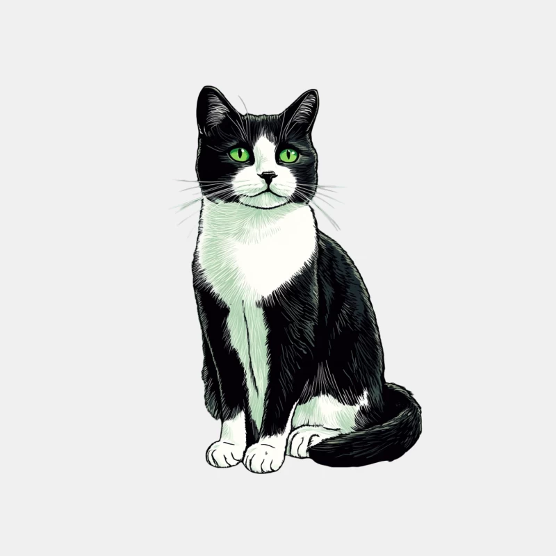 Illustrated Black and White Cat with Striking Green Eyes Male Tank Top