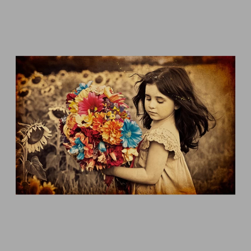 Innocent Girl with Vibrant Bouquet in Sunflower Field Male Pullover Hoodie