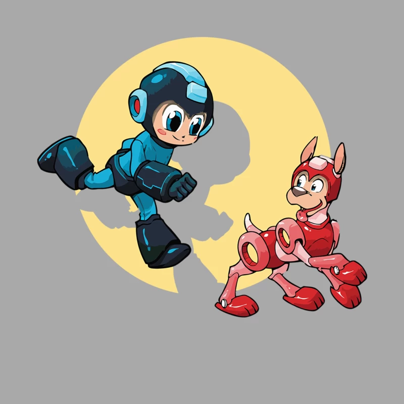 Mega Man and Rush: Classic Video Game Heroes in Cartoon Style Female Pullover Hoodie