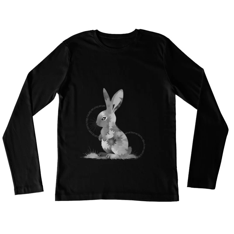 Grayscale Digital Art Illustration of a Sitting Rabbit Female Long Sleeve T-Shirt