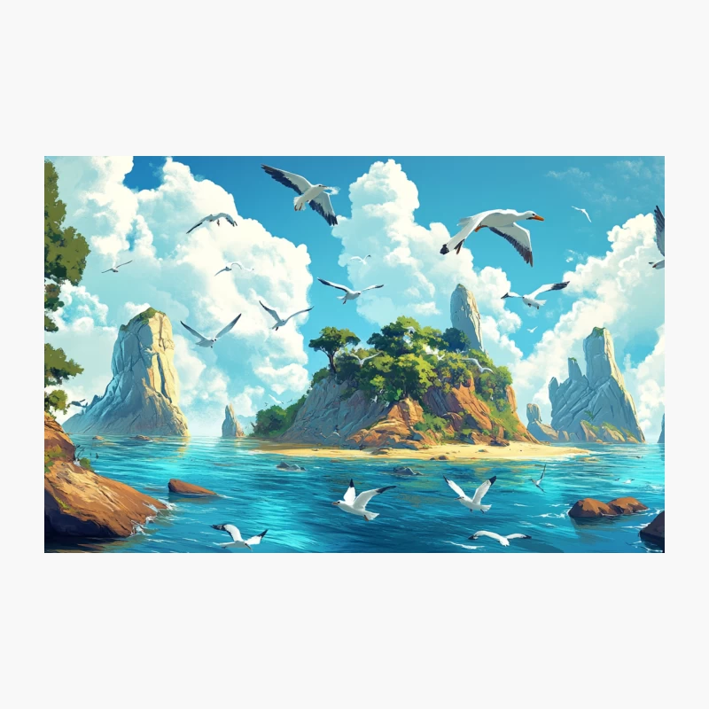 Tropical Island Paradise with Soaring Seagulls Travel Mug