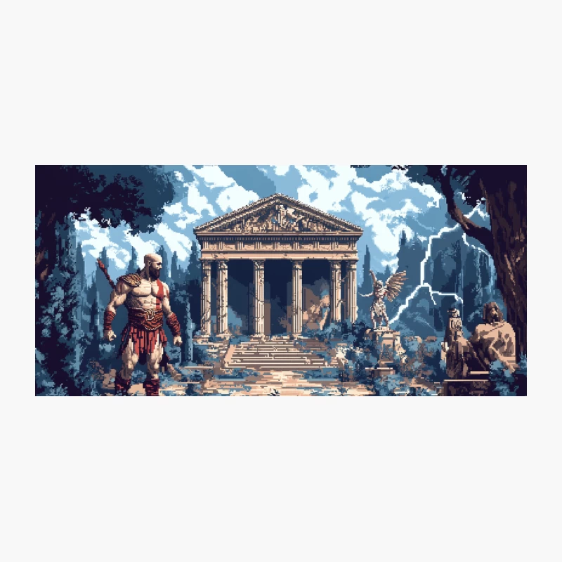 Pixel Art Scene of Ancient Greek Temple with Mythological Figures Coffee Mug