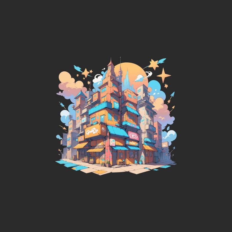 Colorful Urban Cityscape in Cartoon Style Baseball Cap