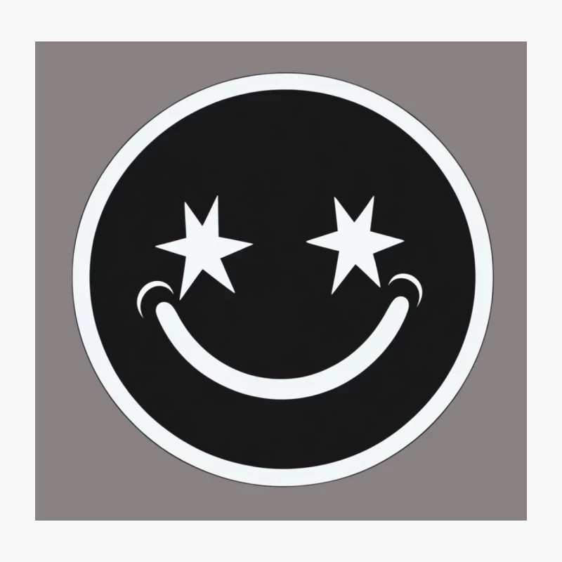 Black and White Circular Smiley Face Logo with Star Eyes Throw Pillow