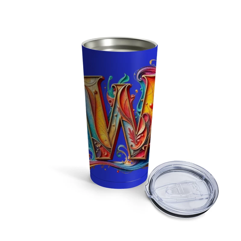 Ornate Colorful Typography: Decorative Letter W Design Travel Mug