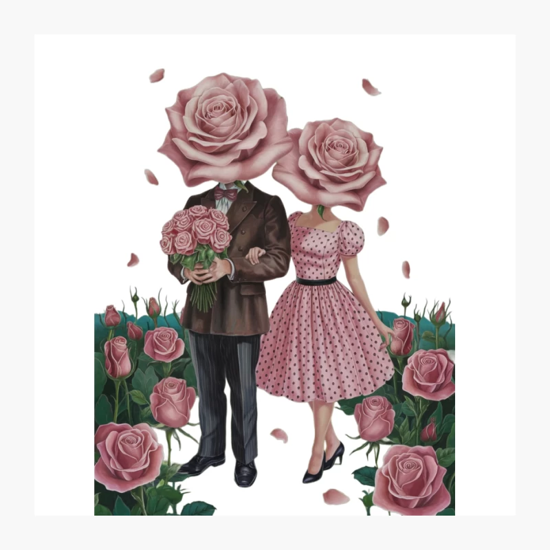 Surreal Rose-Headed Couple in Vintage Attire Amidst Romantic Flower Field Pin
