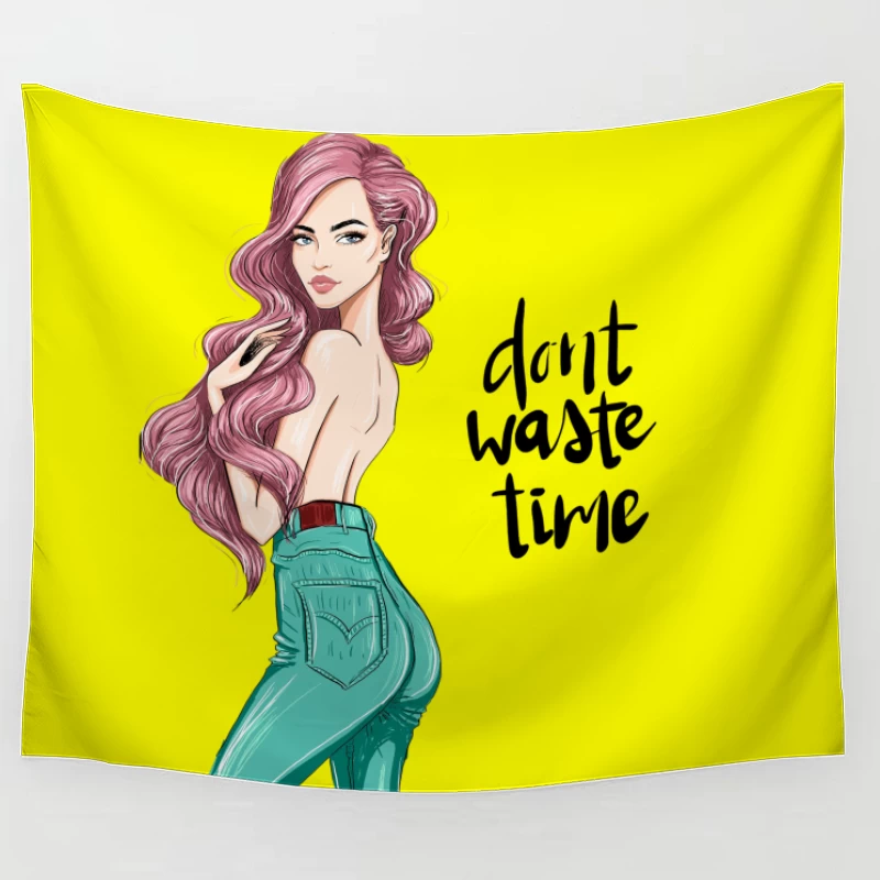 Stylish Woman Illustration with Pink Hair Tapestry