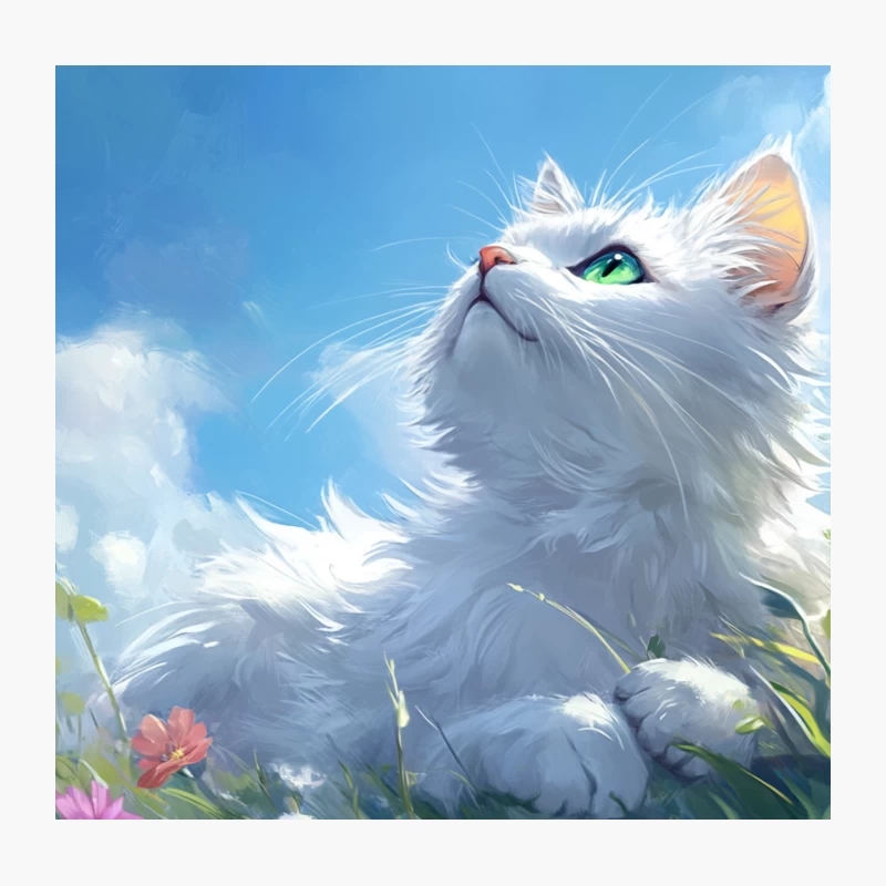 Whimsical White Cat in Floral Fantasy Garden Throw Pillow