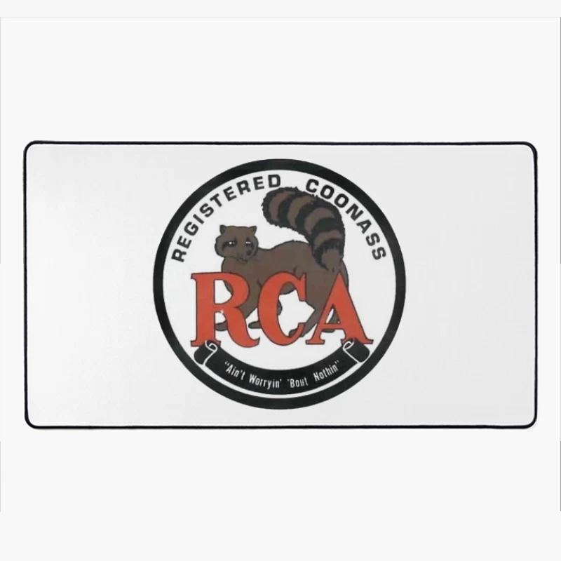 Registered Coonass RCA Logo with Raccoon Mascot and Humorous Slogan Desk Mat