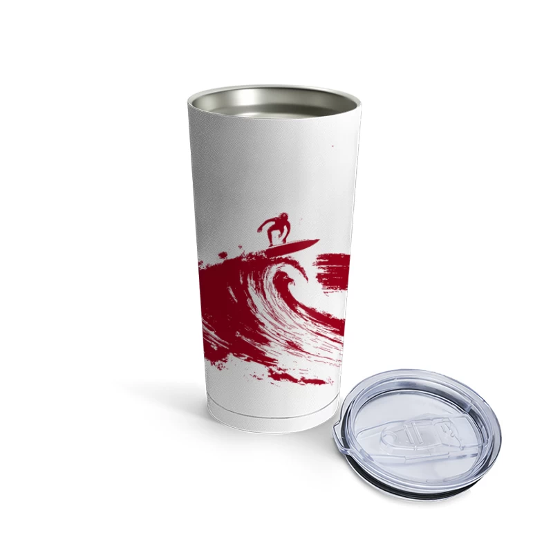 Red Minimalist Surfer Riding Ocean Wave Travel Mug