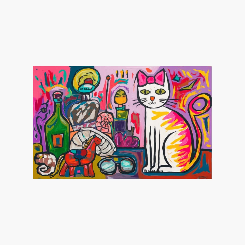 Vibrant Abstract Pop Art Still Life with Cat Cotton Tote Bag