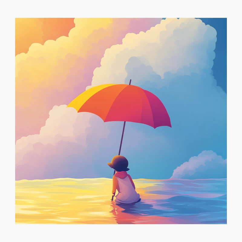 Surreal Solitude: Colorful Clouds and Umbrella Reflection Throw Pillow