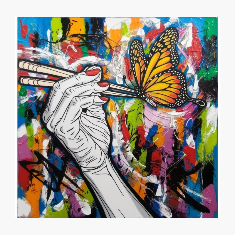 Vibrant Street Art: Hand and Butterfly Amidst Abstract Graffiti Throw Pillow