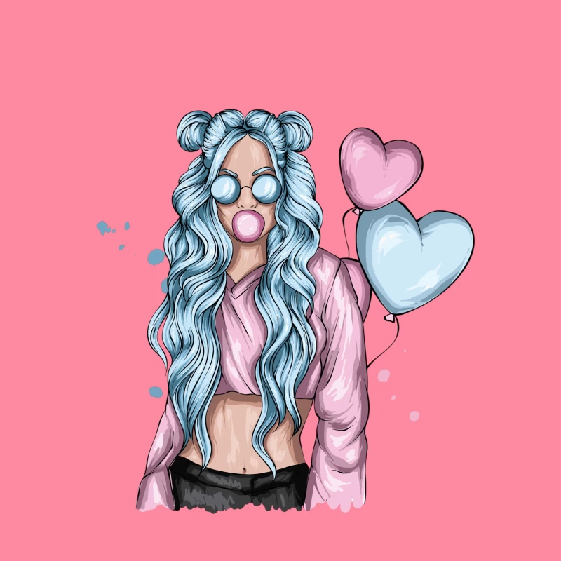Girl with Blue Hair and Hearts Throw Pillow