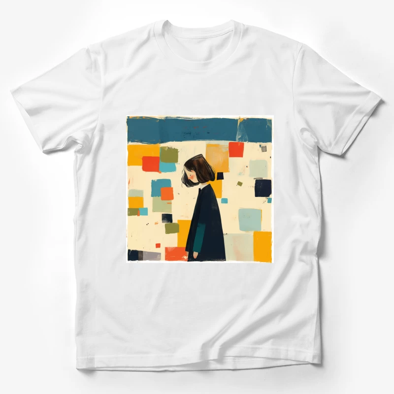 Minimalist Illustration of Figure in Black Coat Against Colorful Abstract Squares Male T-Shirt