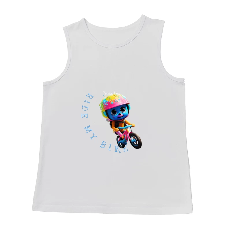 Cute Blue Animated Character Riding Colorful Bike with Safety Helmet Male Tank Top