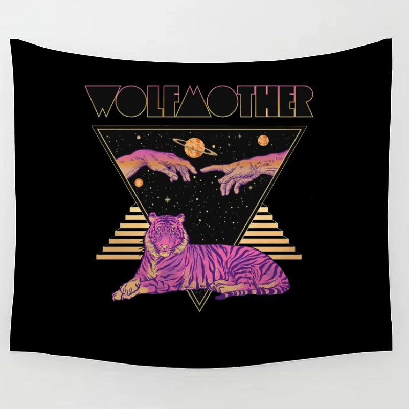 Cosmic Tiger with Mystical Hands in Retro Synthwave Style Tapestry